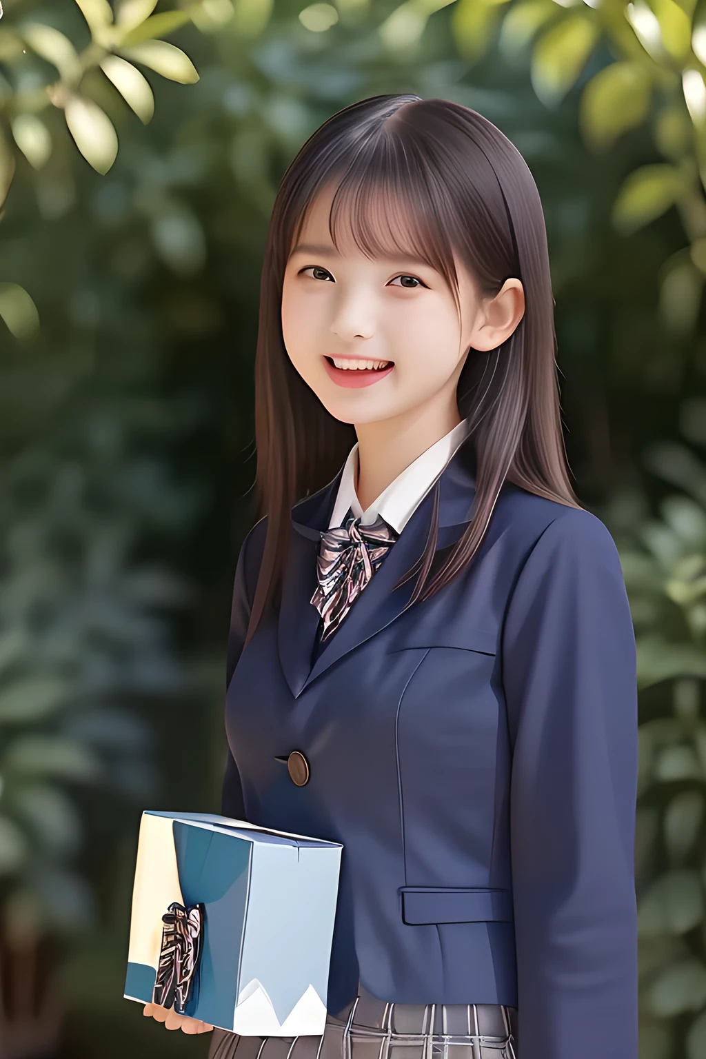 (highest quality, masterpiece, high resolution:1.2), 4K, (Photo quality detailed face: 1.2), (Giorgione painting style: 0.8), geometry, (16 yo cute girly Japanese weak girl with very detailed graceful cute smiling face: 1.2), Laughing cutely, (Japanese school girly navy-colored blazer uniform: 1.4), (blue expensive box-pleated checkered school skirt: 1.6), (big sharp breast: 1.3), (Dark red glossy school ribbon on the breast: 1.0), (Extremely laughing cheeks: 1.0), (Beautiful light-amber cute-dolly large clear laughing **** noble princesses eyes with very detailed cutely: 1.4), (Long bottom eyelashes: 1.2), (Glossy lips: 1.0), (super-straight hair: 1.3), (Full body shot: 1.0), (Beautiful girls are kissing her from both side: 1.2), (Black background)