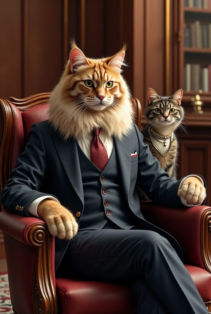 Very rich Siberian cat wearing elegant suit sitting on a luxurious chair in his office and next to him is a realistic A female Siberian cat wearing an evening dress real, high resolution detail, full picture as real life