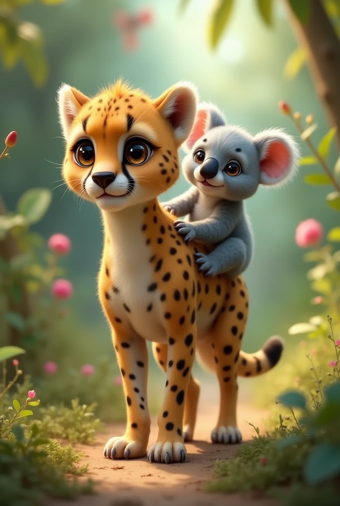 creates a baby cheetah being ridden from behind by a baby koala 

