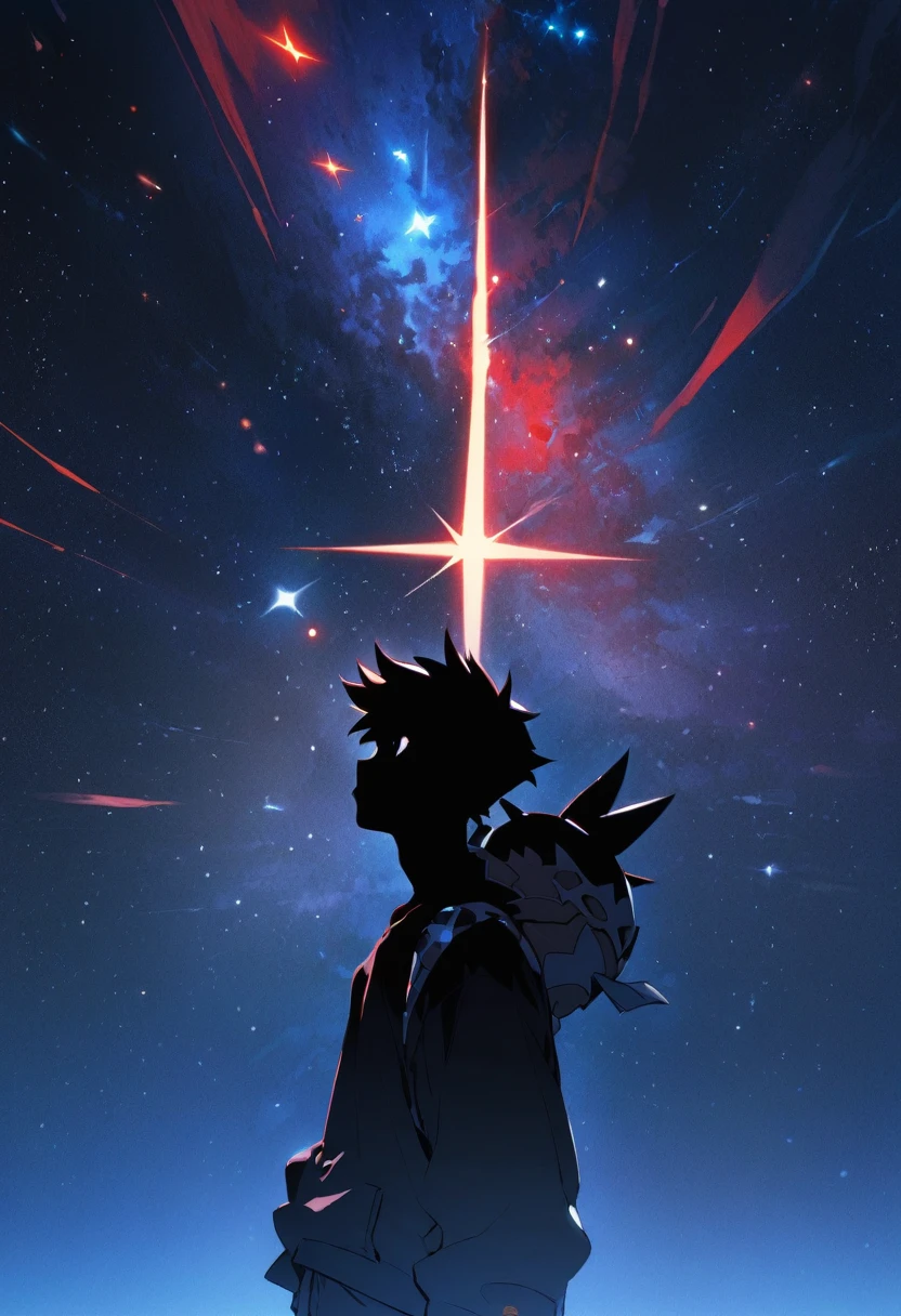 Highest quality,masterpiece,Ultra-high resolution,One boy、Gurren Lagann、simon、Under a star-filled sky、silhouette、Looking up at the sky、Small drill bit on shoulder