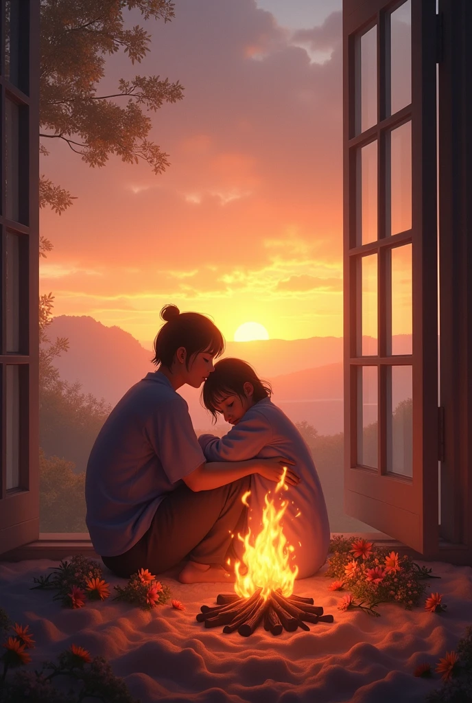 bottom:
A sunset on a wide horizon, with a sky painted in warm tones: oranges, red and gold. The sun is close to the horizon, creating a soft light effect that illuminates the landscape.
Main elements:
In the foreground, a dim fire with a smolder of glowing embers. The fire is small and is in the lower center of the image, with a warm glow that illuminates nearby shadows.
Dried leaves and petals scattered around the fire, symbolizing fragility and ephemeral beauty. The petals have soft colors like pink and gold..
silhouette:
Two silhouettes in the central part of the image, near the fire. One silhouette is of an adult and the other of a young person., both with a posture that suggests a deep connection: hugged, Holding hands, or looking at each other with tenderness.
open window:
To the left or right of the fire, an open window with an old frame. Through the window you can see a refreshing landscape or a sunrise on the horizon, suggesting new perspectives and opportunities.
Additional Details:
Flowers in the foreground, near the base of the fire. The flowers are in warm and fragile colors, like daisies and lilies.
A slight mist or fog effect around the fire and silhouettes to add a touch of serenity and mystery.