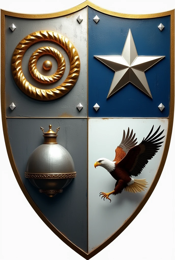 Coat of arms in the shape of a shield, divided into four quadrants. Upper Left Quadrant: A silver field with a golden spiral. Upper Right Quadrant: A field of deep blue with a silver six-pointed star. Lower Left Quadrant: A field of gray with a stylized metal dome. Lower Right Quadrant: A field of white with an eagle taking flight.