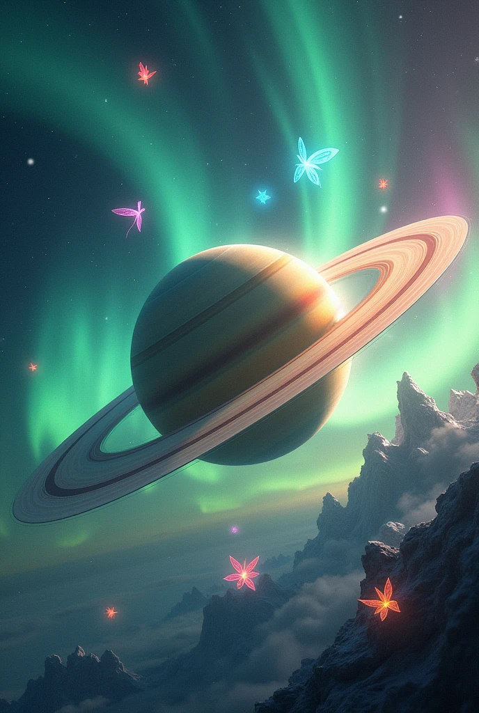 Realistic Saturn entering orbit of aurora borealis with giant stars and colorful fairies 
