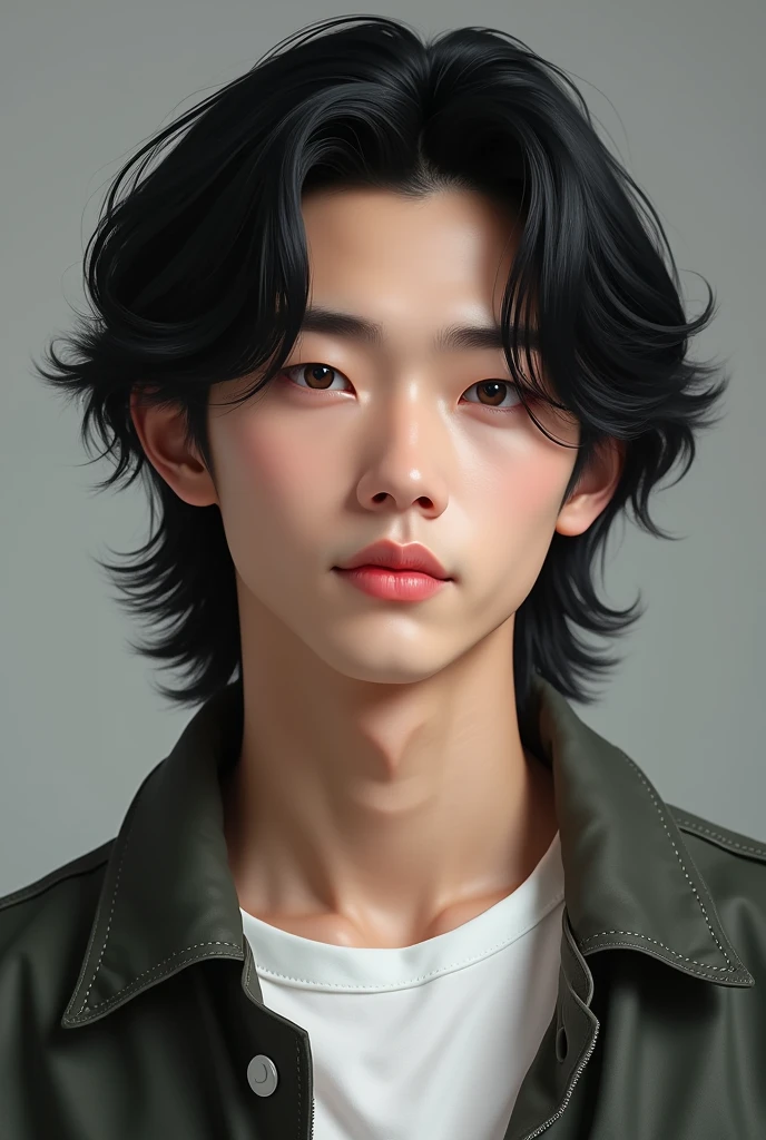 (photorealism:1.2) Create an realistic and handsome Asian boy with fair skin, 180cm tall, slightly muscular but thin body, long, black, wavy, neck-length hair, small and slanted eyes, slightly large nose with a high bridge and thick eyebrows.