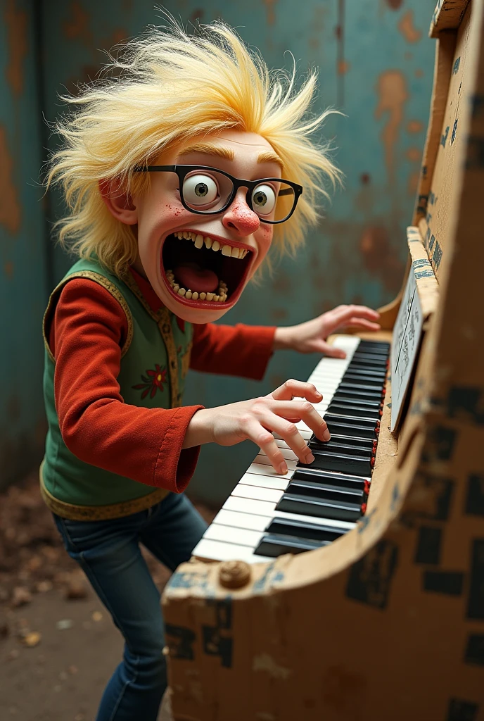 a blonde,with freckles,wearing glasses,with a crazy face,the hair all disheveled,banging on a piano that looked more like a big box all patched up with tape and masking tape