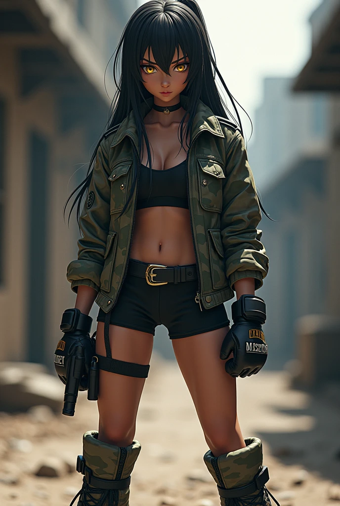 A dark skinned anime style girl with golden eyes long straight black hair shorts leggings camouflage jacket boots with mma gloves full body image