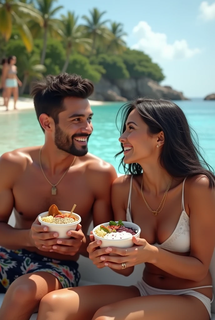 Realistic man and wife 25-35 years old, On the Caribbean boat, black hair, brown eyes, eating açaí , with friends Ultra HD, high qualiy, best qualityer, high resolution, 8k, 16K