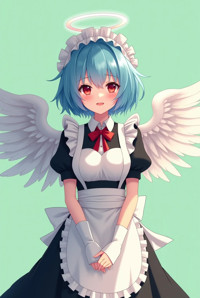 Maid cafe maid with short blue hair, Red eyes, a sensual and happy expression, age range between 18 and 26 years, with angel wings, black uniform without buttons, that the full body is shown, anime style completely in 2D, with pastel colors, with a completely flat and green background
