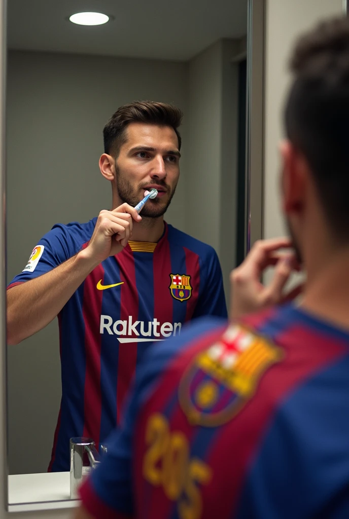 A Barca player brushing his teeth and showing the club's crest