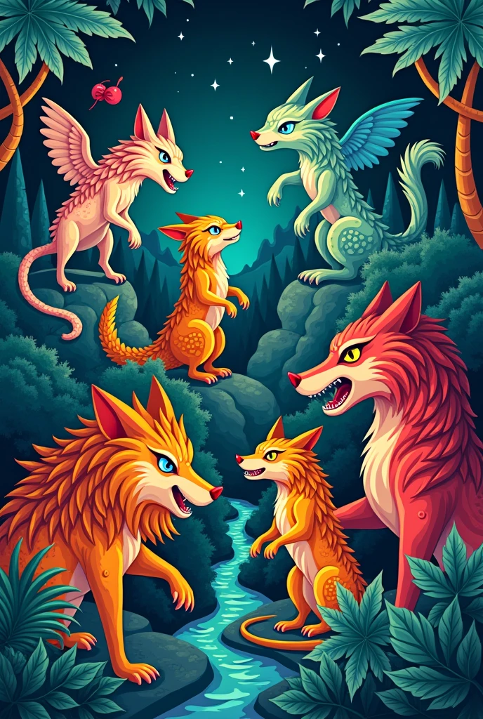 Create an illustration in banner format and add characters from Brazilian folklore such as the cuca saci Boitatá Curupira Iara werewolf. Title it Brazilian Folklore Week.
(19/08-23/08)