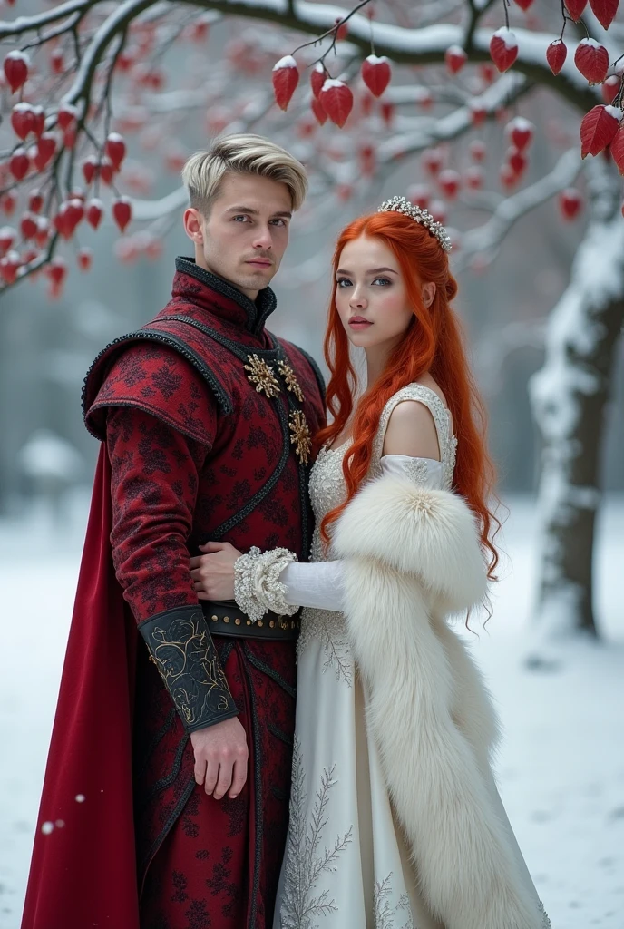 A young Caucasian male 20 years old, short blonde hair silver blonde , in a red and black medieval Game of Thrones style outfit. Marrying a Caucasian woman with red hair and long hair, very pretty 18 years old wearing a white dress with silver details with a white wolf fur blanket on her shoulders they are in front of a white tree with red leaves in the snow