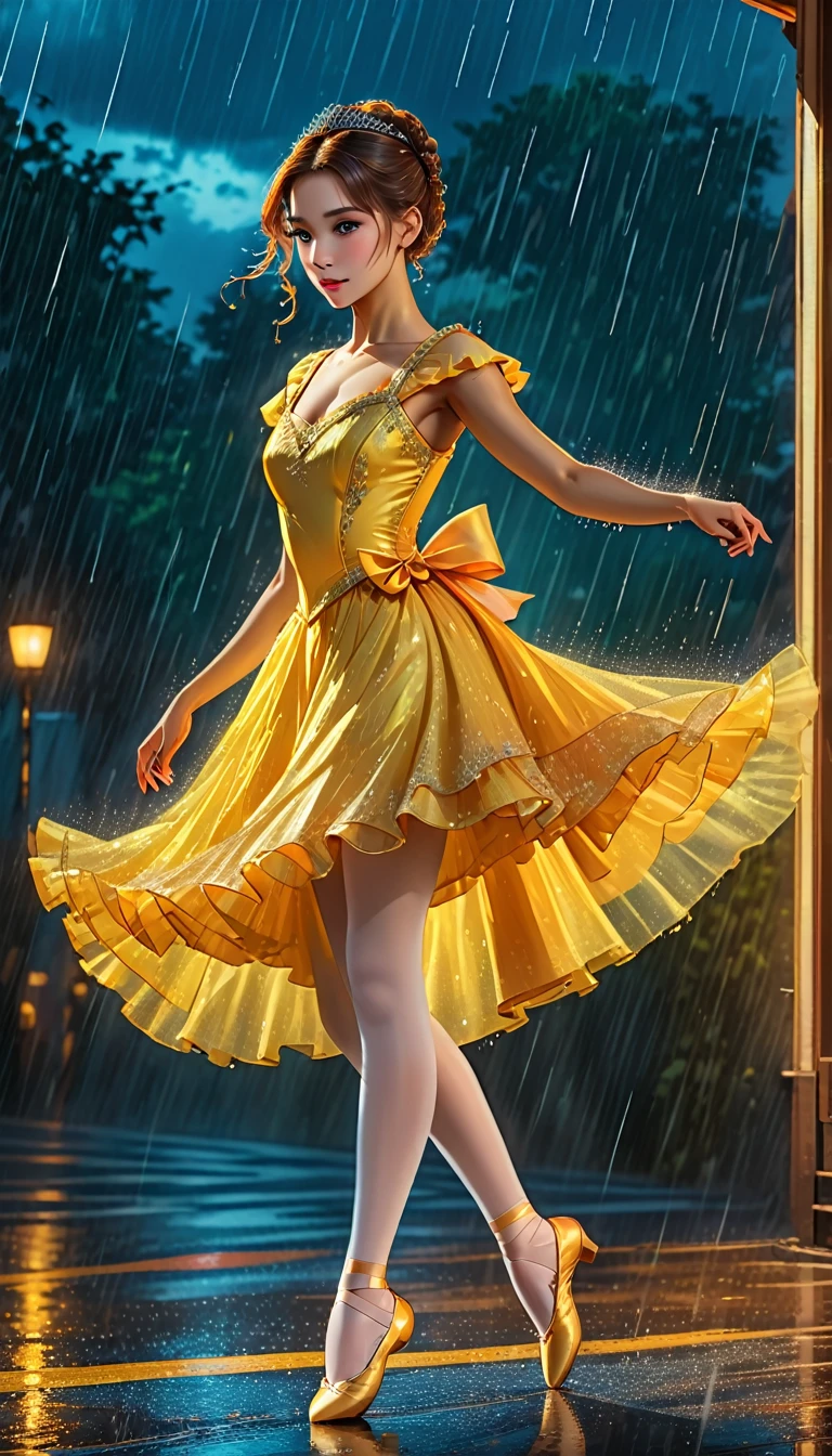 a portrait of female classical ballet prima ballerina dancing in the rain, a full body picture ((anatomically correct: 1.5)) of a exquisite beautiful female dancer wearing silk evening dress, intricate dress dynamic hair color, dynamic hair style, dynamic skin complexion, wearing ballet shoes, wearing thigh highs, ((she is standing in the middle of the rain storm: 1.5)),  she is wet, yet enjoys the dance in the rain, cloudy night, lightning storm, dynamic background, vibrant, Ultra-high resolution, High Contrast, (masterpiece:1.5), highest quality, Best aesthetics), best details, best quality, highres, 16k, (ultra detailed: 1.5), masterpiece, best quality, (extremely detailed) RAW, (ultra details, Masterpiece, best quality), Cinematic Hollywood Film, artxldnc, princess dress,looking at the viewer