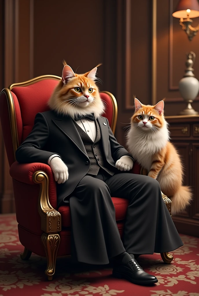 Very rich Siberian cat wearing elegant suit sitting on a luxurious chair in his office and next to him is a realistic A female Siberian cat wearing an evening dress real, high resolution detail, full picture as real life
