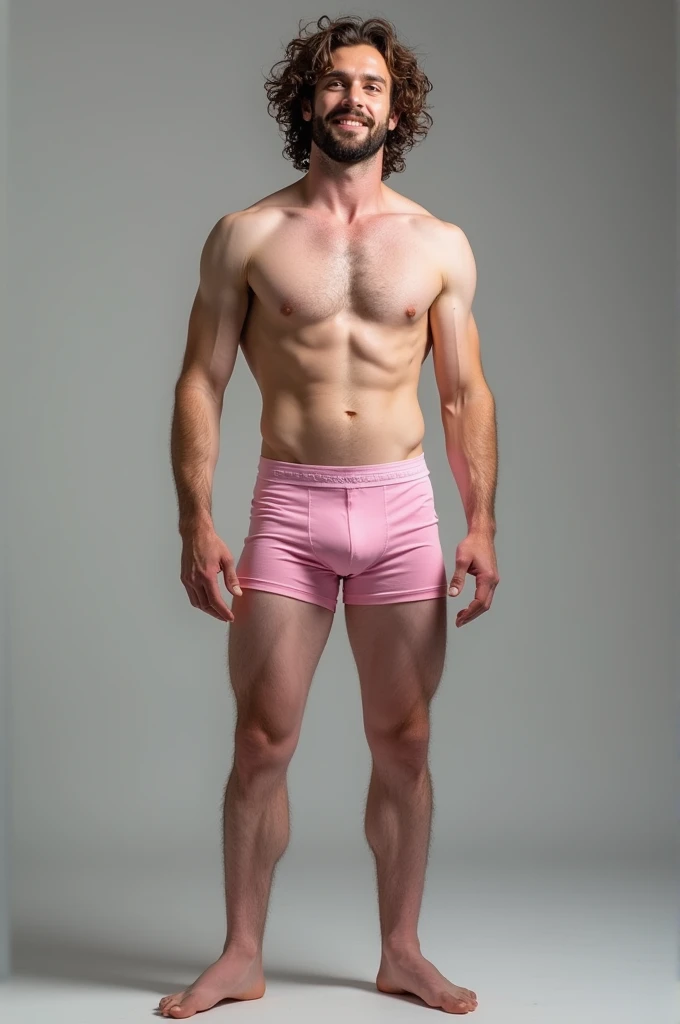 White man with curly hair, tight boxer shorts, pink body with a Greek structure, but no body hair ,like a wizard's hat