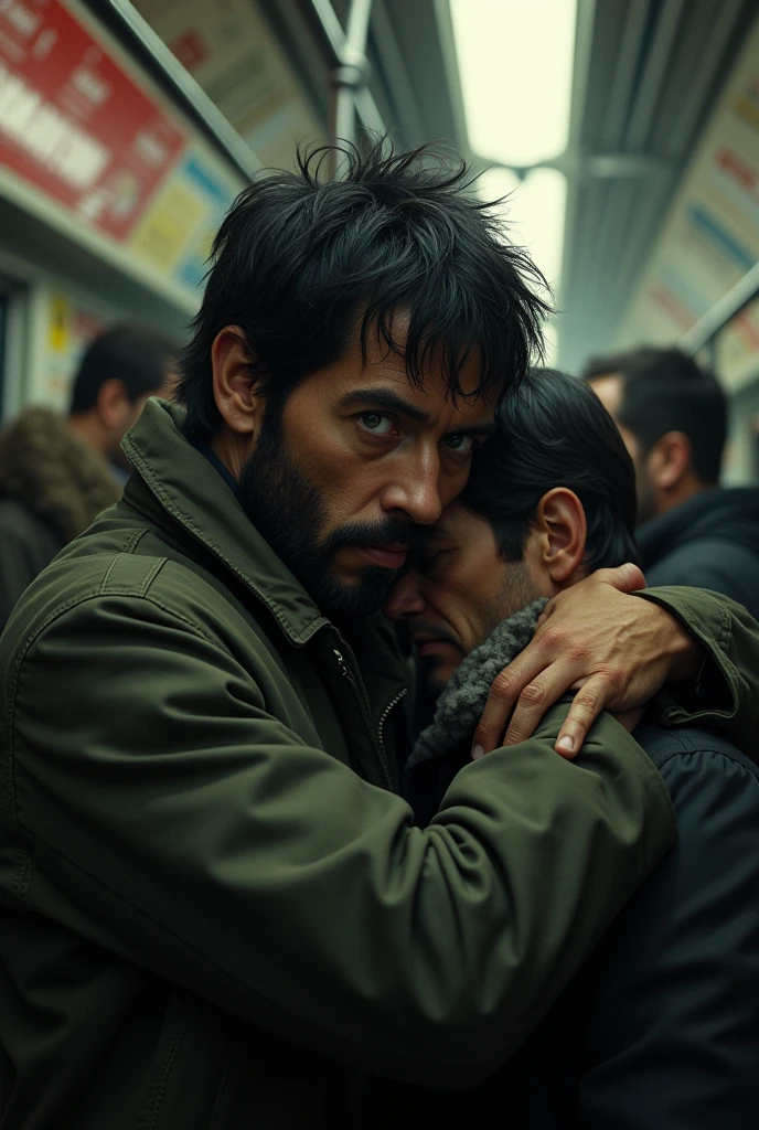 Juan is a tall, thin man., with dark hair . His green eyes are surrounded by dark circles, which reveals his tiredness and hopelessness. He has a beard of several days. happy giving a hug to another man on the subway