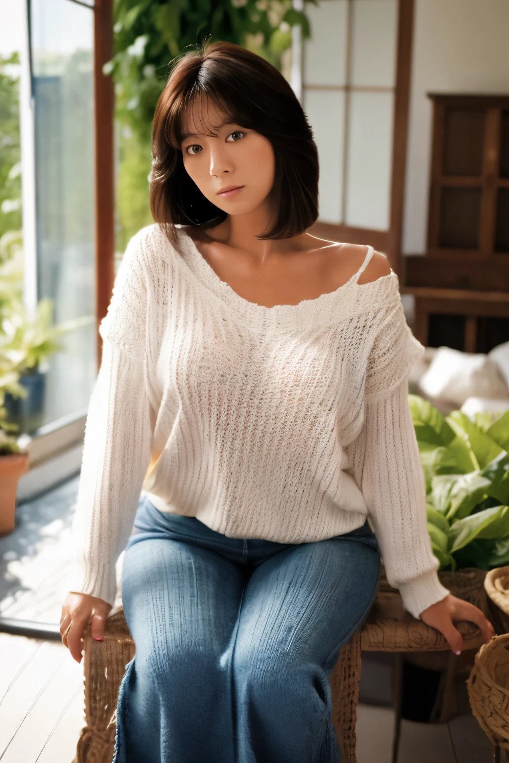 Masterpiece, Photogravure, High quality, Ultra-high resolution, 8K, Realistic, (Intricate details: 1.2), A skinny Japanese actress, 40 years old, {short|long} hair, cute face, detailed face, beautiful eyes, detailed eyes, small breasts, hourglass figure, anatomically correct body structure, (wearing a loose knit camisole next to the skin: 1.4), obscene pose, (tilted head: 1.2), looking into the camera. a photo captured at a refreshing room filled with sunlight, white floor, white walls, house hold items, (plants: 0.8), in summer. Top view photo, full-body photo