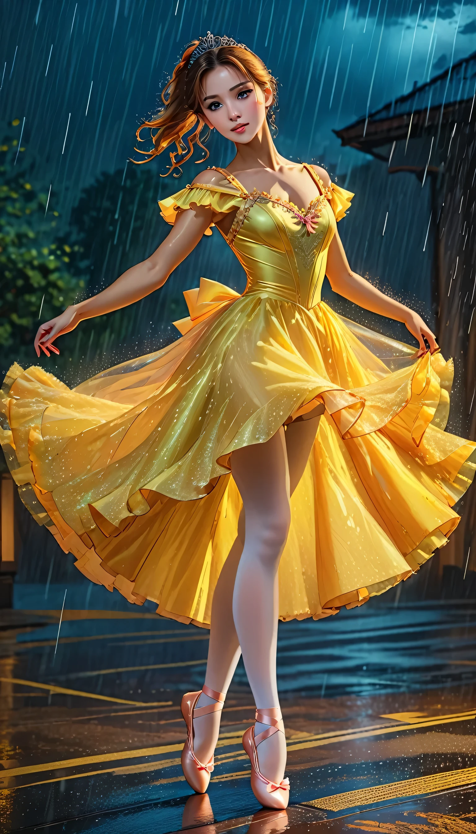 a portrait of female classical ballet prima ballerina dancing in the rain, a full body picture ((anatomically correct: 1.5)) of a exquisite beautiful female dancer wearing silk evening dress, intricate dress dynamic hair color, dynamic hair style, dynamic skin complexion, wearing ballet shoes, wearing thigh highs, ((she is standing in the middle of the rain storm: 1.5)),  she is wet, yet enjoys the dance in the rain, cloudy night, lightning storm, dynamic background, vibrant, Ultra-high resolution, High Contrast, (masterpiece:1.5), highest quality, Best aesthetics), best details, best quality, highres, 16k, (ultra detailed: 1.5), masterpiece, best quality, (extremely detailed) RAW, (ultra details, Masterpiece, best quality), Cinematic Hollywood Film, artxldnc, princess dress,looking at the viewer