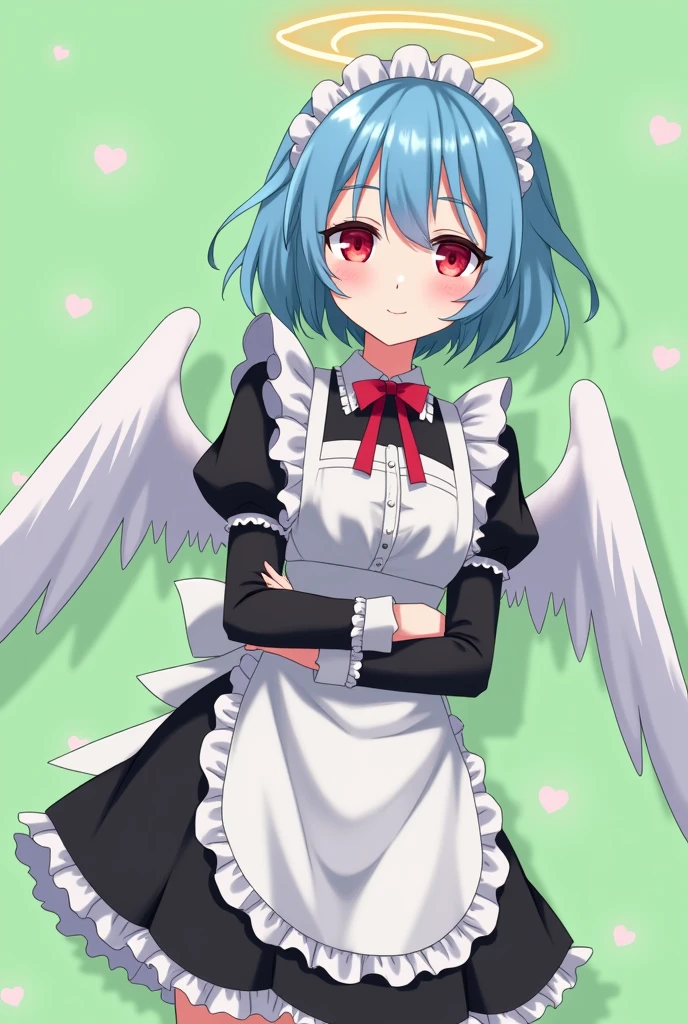 Maid cafe maid with short blue hair, Red eyes, a sensual and happy expression, age range between 18 and 26 years, with angel wings, black uniform without buttons, that the full body is shown, anime style completely in 2D, with pastel colors, with a completely flat and green background