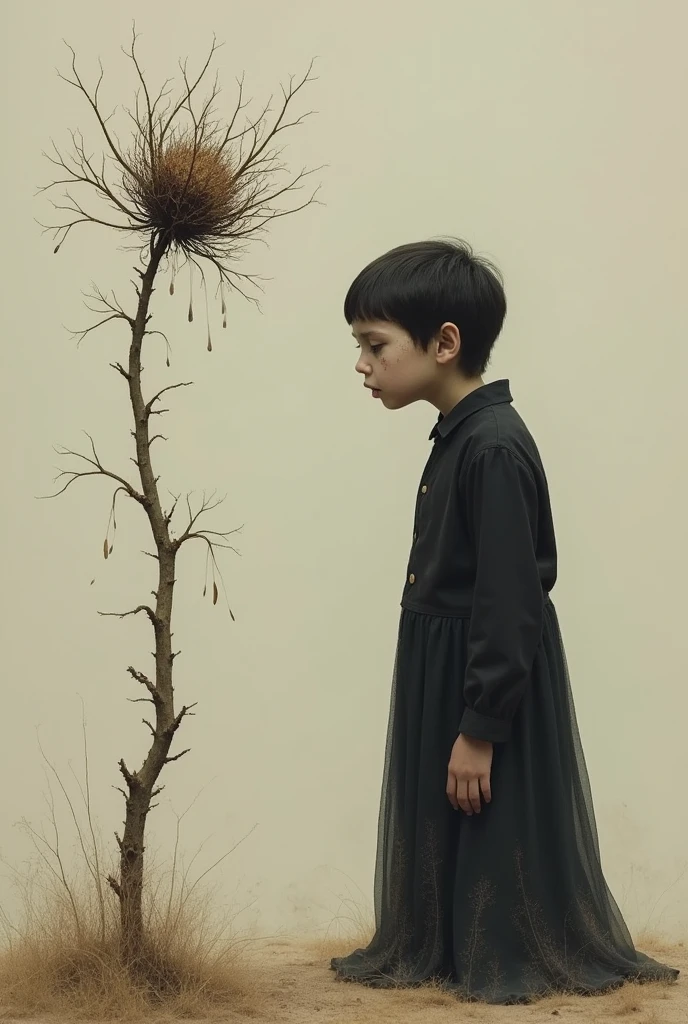 A dried plant next to a person with a desperate expression.