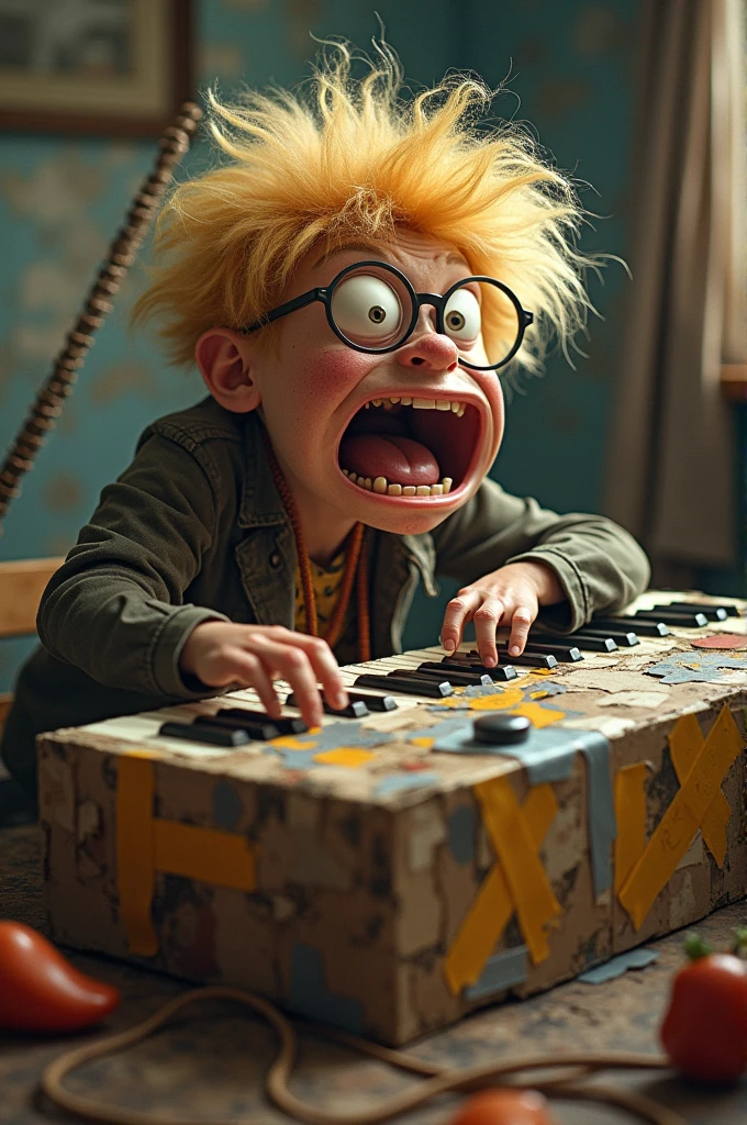 a blonde,with freckles,wearing glasses,with a crazy face,the hair all disheveled,banging on a piano that looked more like a big box all patched up with tape and masking tape