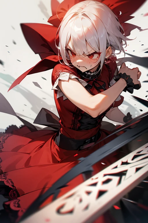 Short white hair, blush, Lace dress、Punk Fashion、Headbang 2.、Red clothes、(Angry face)、