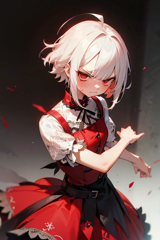 Short white hair, blush, Lace dress、Punk Fashion、Headbang 2.、Red clothes、(Angry face)、