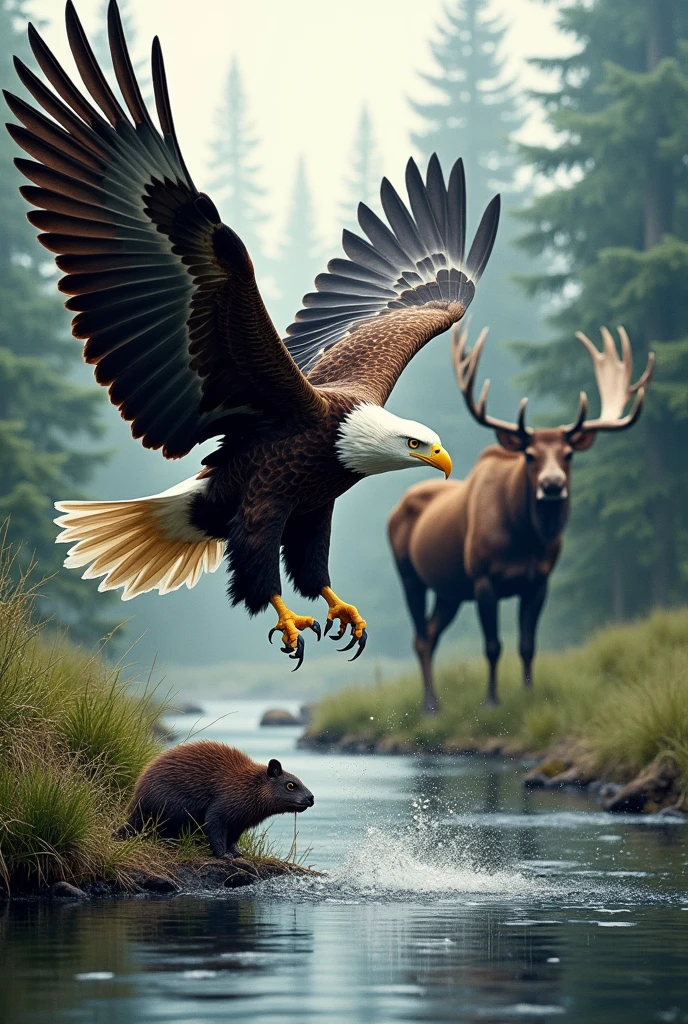 American eagle in the foreground , a superimposed moose and a beaver.