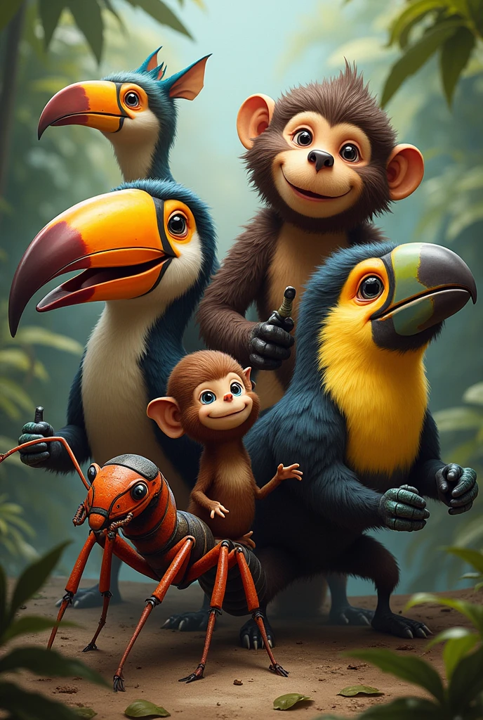 A band of humanoid animals containing an ant, a toucan, A monkey, a lizard