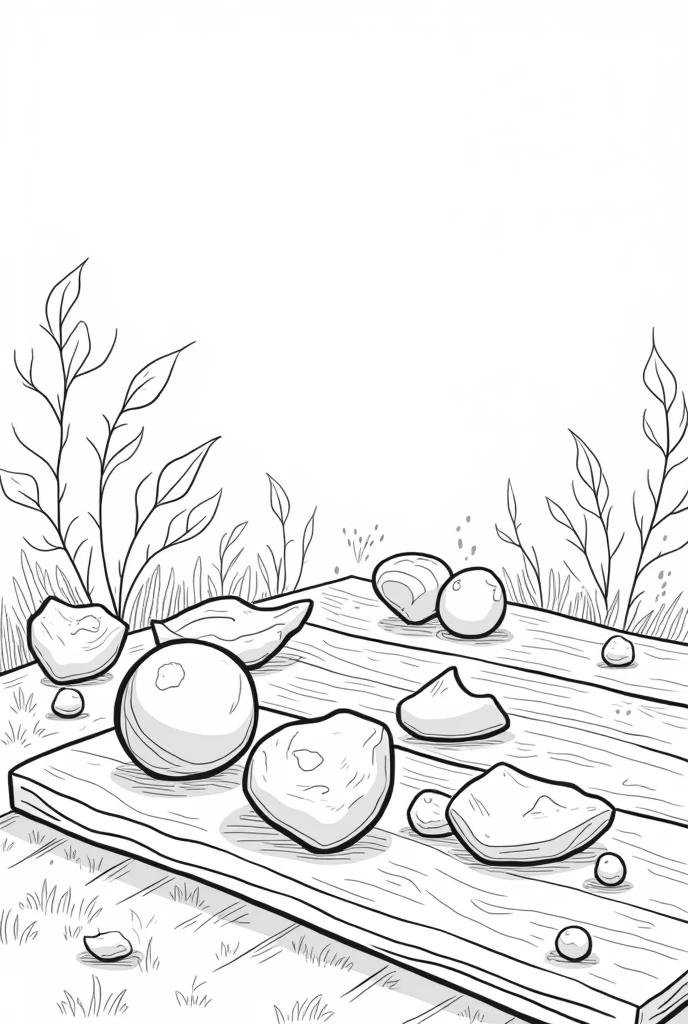 non-coloured, coloring pages for adults, an image of a whimsical collection of fallen leaves such as marbles, Aspen in different shapes and sizes, scattered across a rustic wooden table, cartoon style, thick lines, low detail, black and white, no shading,