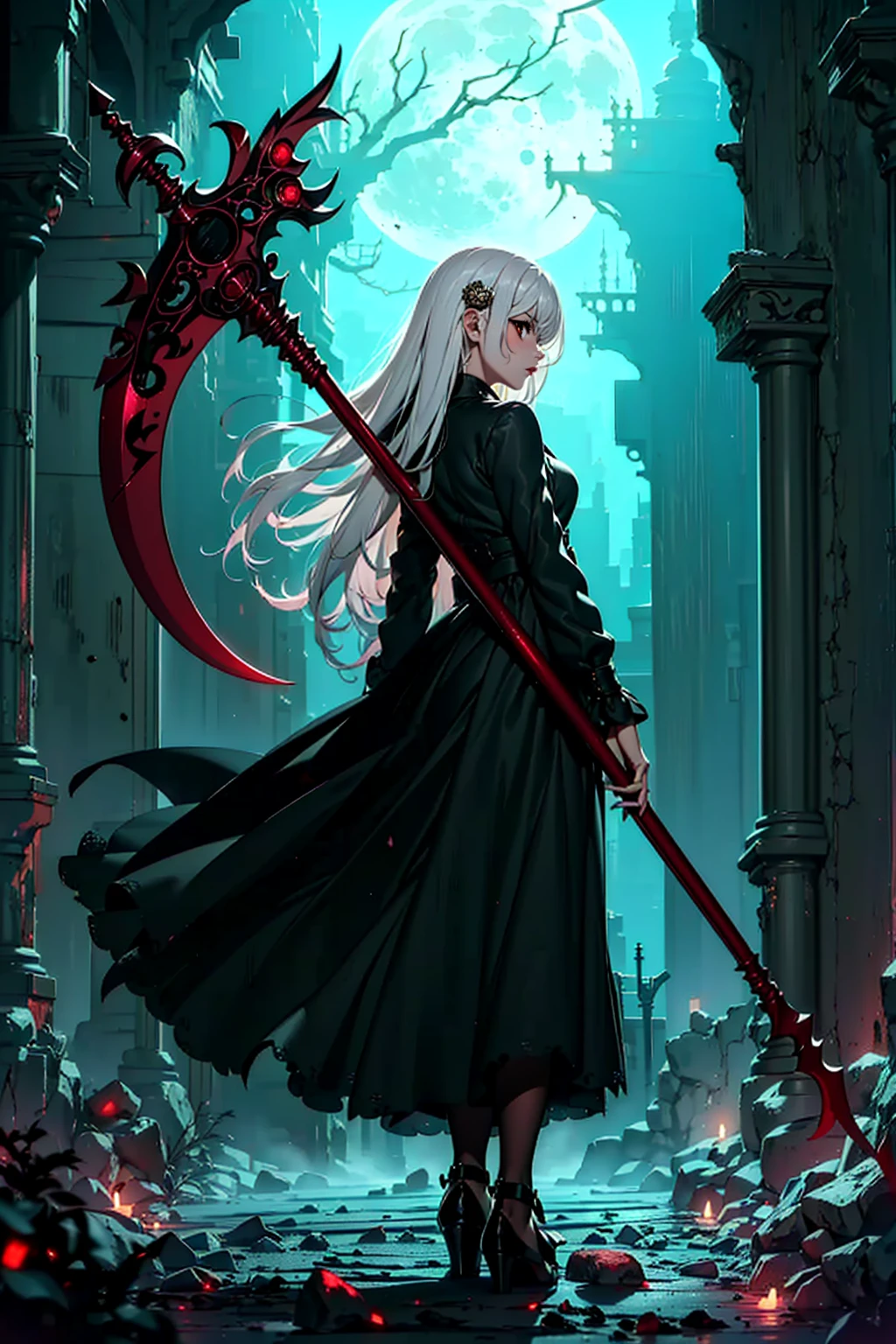 ((1girl, solo, alone, Ninym, white hair, red eyes, hair ornament, small breasts, long hair, fitness)), ((solo, (1woman, pink lipstick), Extremely detailed, ambient soft lighting, 4k, perfect eyes, a perfect face, perfect lighting, a 1girl)), ((black dress, long dress, wielding a red scythe, abandoned castle, haunted castle, fog, mist, night, moon smells, dry trees))