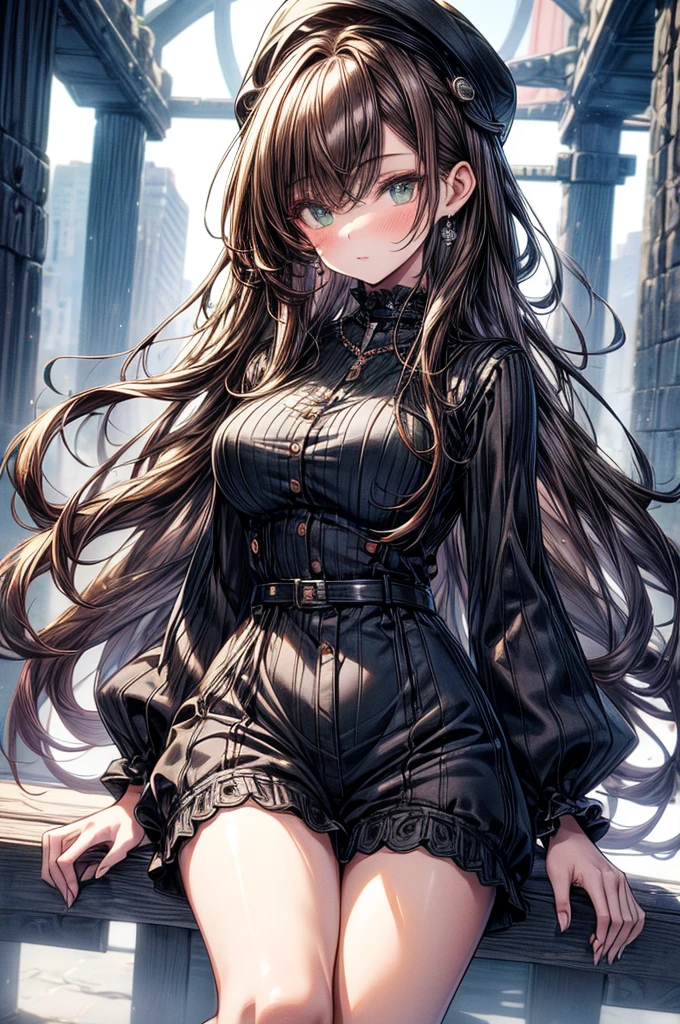 highest quality, ultra high resolution, super detailed, gorgeous, masterpiece, best quality, high resolution finely detailed, extremely beautiful, distinct image, denim button ribbed knit lounge romper, ((best quality)) ((best quality)), ((masterpiece)), (detailed), 4k image, anime style, beautiful young girl, age girl, fair white skin, oval shaped face, seductive facial features, astonishing sex appeal, curly hazel-brown hair, slim, curvy body, green eyes, full lips, medium height, large breasts,