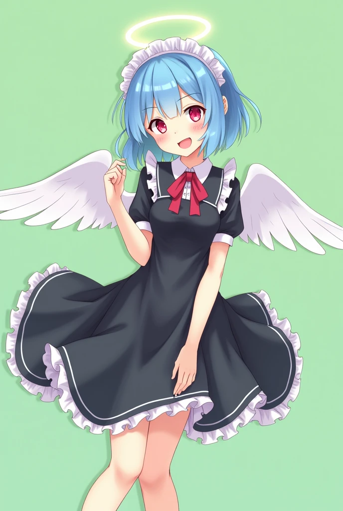 Maid cafe maid with short blue hair, Red eyes, a sensual and happy expression, age range between 18 and 26 years, with angel wings, black uniform without buttons, that the full body is shown, anime style completely in 2D, with pastel colors, with a completely flat and green background