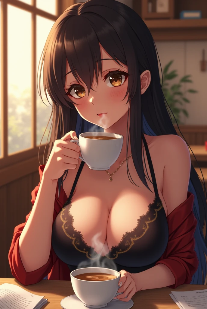 Sexy aesthetic anime girl. Big boobs and ass. Studing with a coffe in a coffe shop. Horizontal image