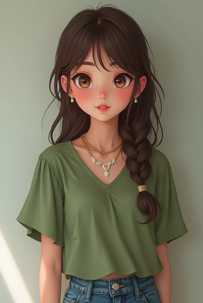 girl with light skin, Medium cut brown hair and a side braid with a round face, light brown hazel eyes, with a flirtatious look, pink lips, little bust, dressed in a green blouse, blue jeans, a seashell necklace and some earrings.