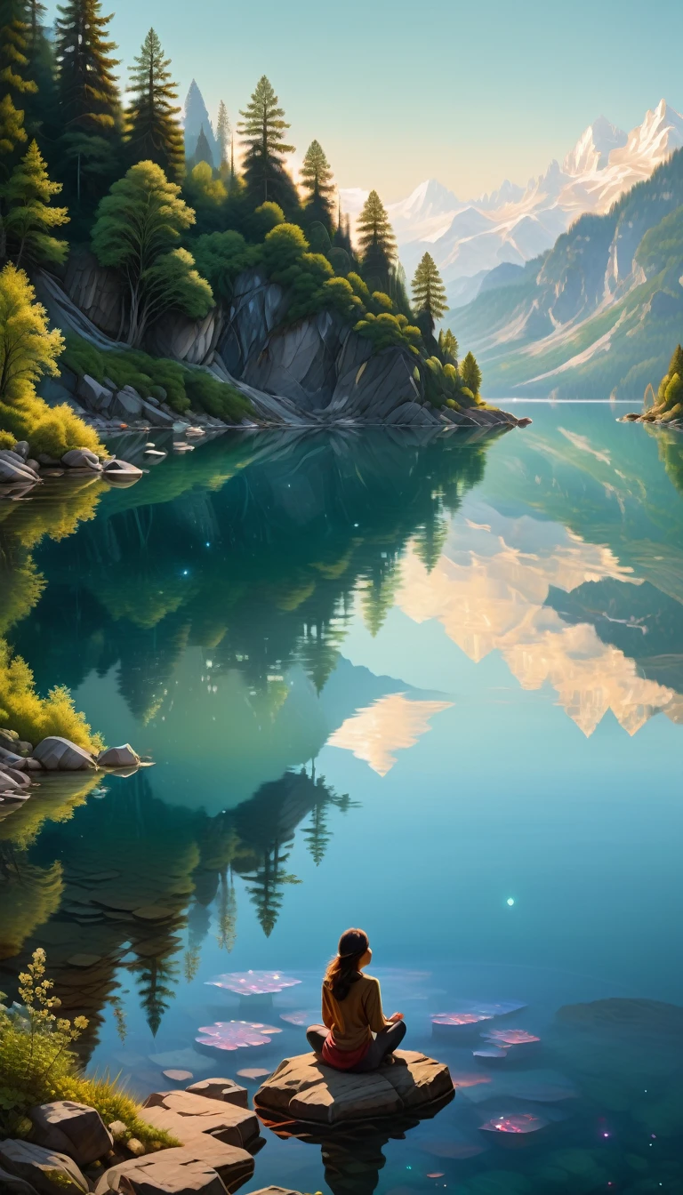 In the quiet stillness of nature, A woman contemplates the reflective surface of a crystal clear lake, its image reflected in its depths with remarkable realism and detail, The serene surroundings and introspective expression blend harmoniously in this moment of quiet reflection... Lofi Style
