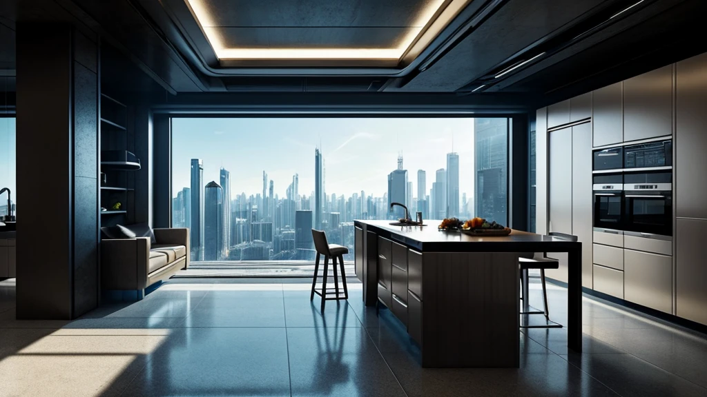 scifi, cyberpunk, clean, futuristic, luxury kitchen, hightech, hard-surface design, daylight, much space, ambient light, realistic view, wide angle, year 2124