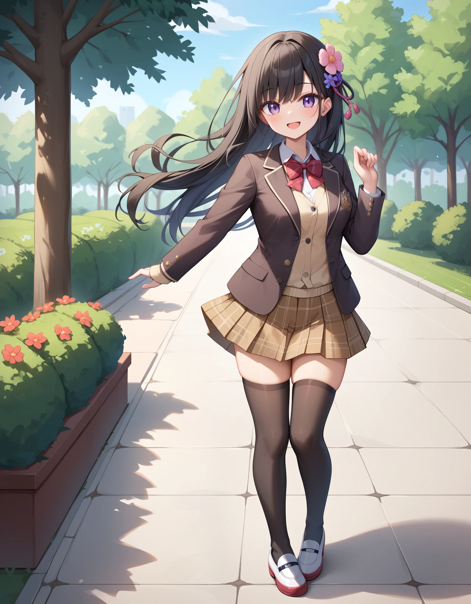 masterpiece, best quality,1girl, medium breasts hd, detailed purple eyes, black hair, long hair, smile, happy,  hair ornaments, flower hair ornaments, school uniform, brown blazer, closed jacket, collared shirt,red bowtie, brown plaid skirt, black thighhighs, white shoes, standing, fullbody, outdoor, park