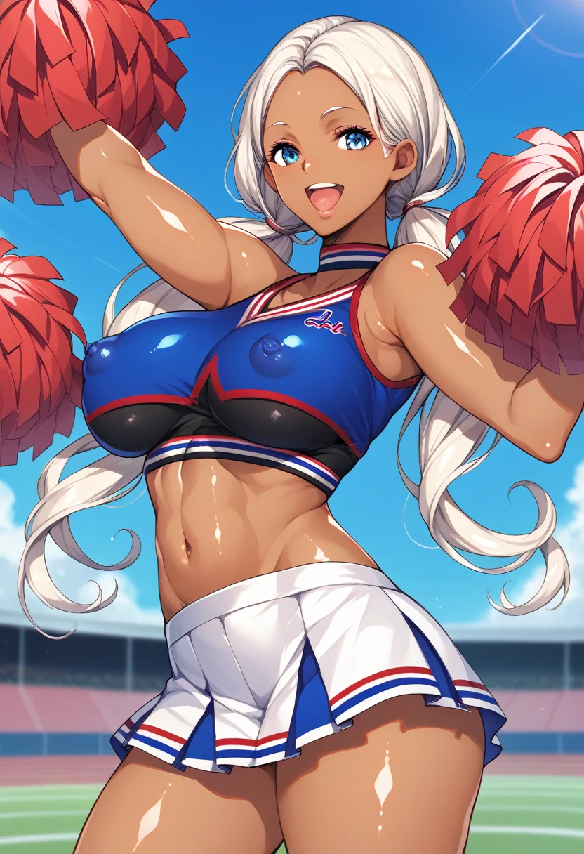 1girl, white hair, curly hair, parted bangs, dark skinned girl, very dark skin girl, long hair, low twintails, bare forehead, blue eyes, puffy lips, breasts, thighs, red cheerleader outfit, midriff, skirt, sports field, blue sky, smile, open mouth, shiny skin, (cowboy shot), body upclose, standing