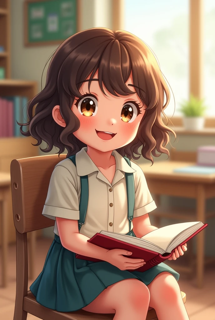 I want you to create a 6  smiling sitting down,, Brunetette , brown curly hair to shoulder ,eyes browns,with book in hands wearing school clothes