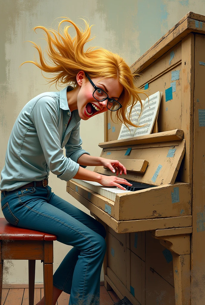a blonde,pretty,with freckles,wearing glasses,with a crazy face,the hair all disheveled,banging on a piano that looked more like a big box all patched up with tape and masking tape