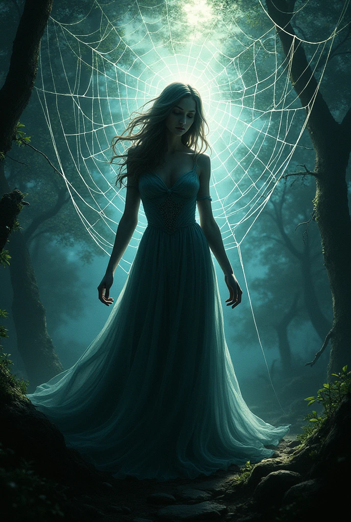 a spider web with a woman's silhouette in the center