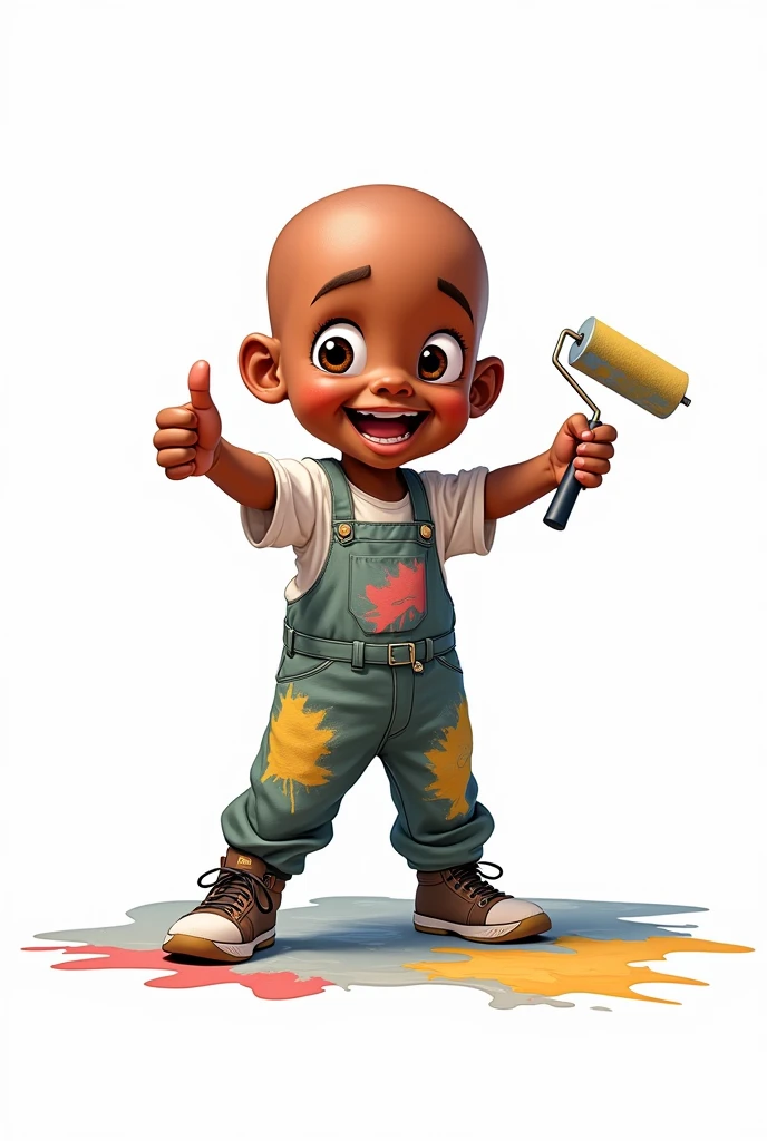 Bald black boy wearing painting clothes, making thumbs up sign with hands and holding a paint roller on a white background, in drawing