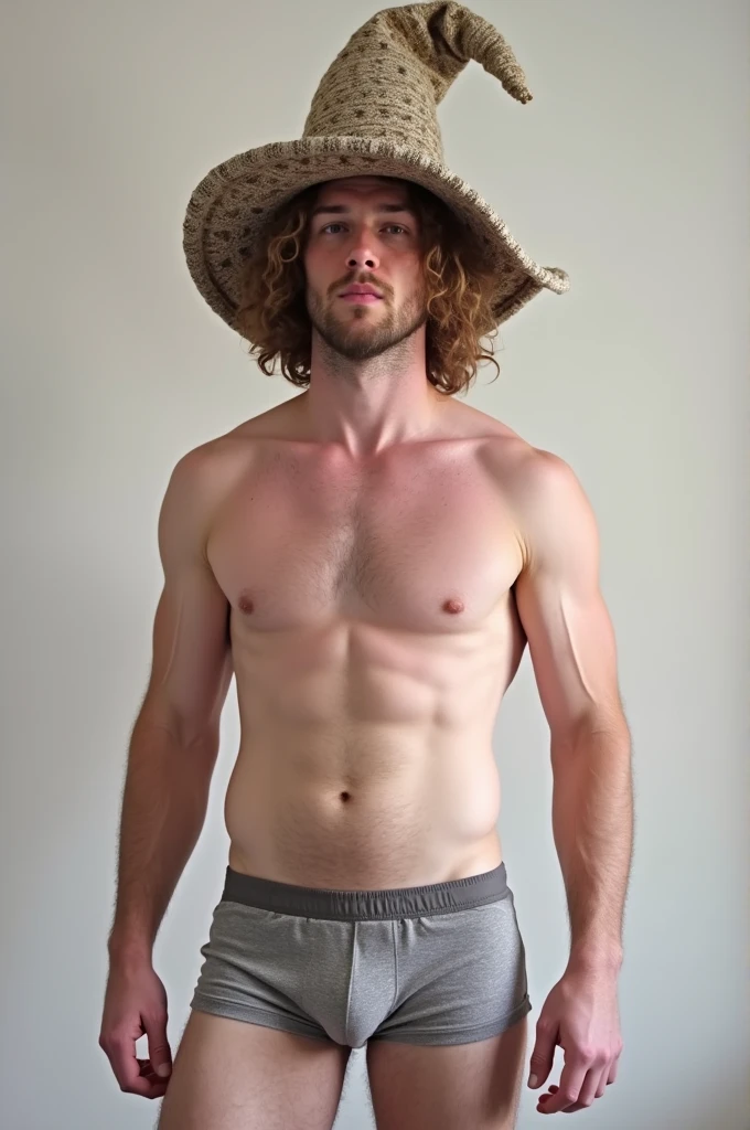 White man with curly hair, tight boxer shorts, pink body with a Greek structure, but no body hair ,like a wizard&#39;s hat on his head 