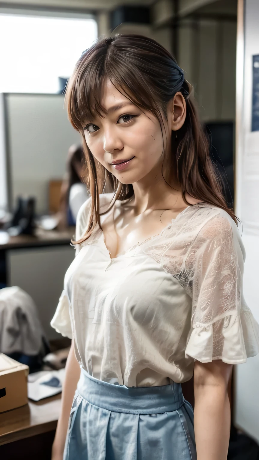 (A Japanese woman looking towards you in a Japanese office:1.4、Narrow your eyes and smile broadly:1.4)、(Realistic、Like a photograph、Live Action、8k, Realistic, RAW Photos, Best image quality: 1.4), Single-lens reflex camera、RAW Photos, Highest quality, Realistic, Very detailed CG Unity 8k wallpaper, Written boundary depth, Cinematic Light, Lens flare, Ray Tracing, Realistic background、((Tight long skirt:1.3、mermaidskirt:1.2)、Wearing a name tag around his neck、Blouses with ruffles、Small breasts)、((ultra high density skin))、 Cute Japanese Woman、((whole body:1.5),Straight long hair、I like that style、stylish、Very detailed、Pay attention to the details、Perfect outfit、(Sunburned skin)、View from the front