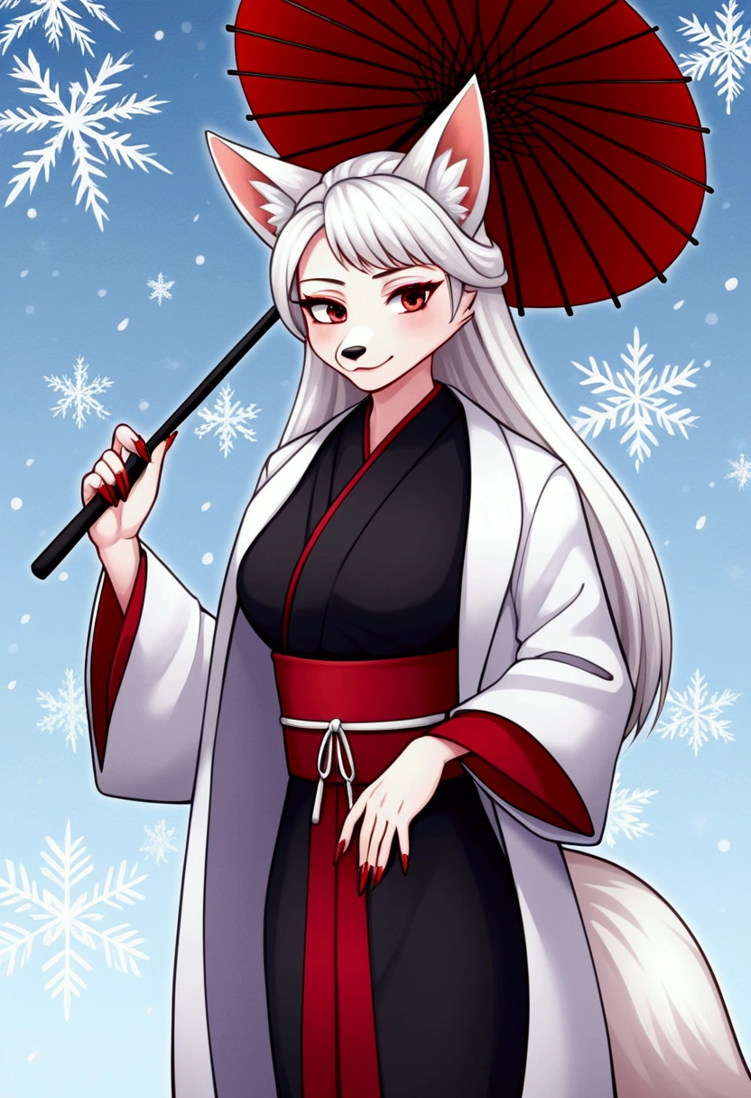 art of an adult female humanoid fox character, showing the whole body, holding a japanese umbrella, with a long animalistic snout, white coat with snowflakes highlighting, Eyes red, long white hair, big pointed nails painted red, wearing a black kimono, furry white fox ears, on a surface with slightly frozen crystal clear water.