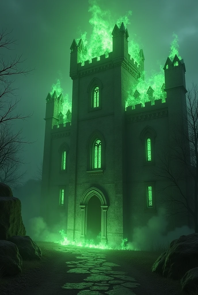 Create an image of a medieval structure on fire in green and then create a name below it.