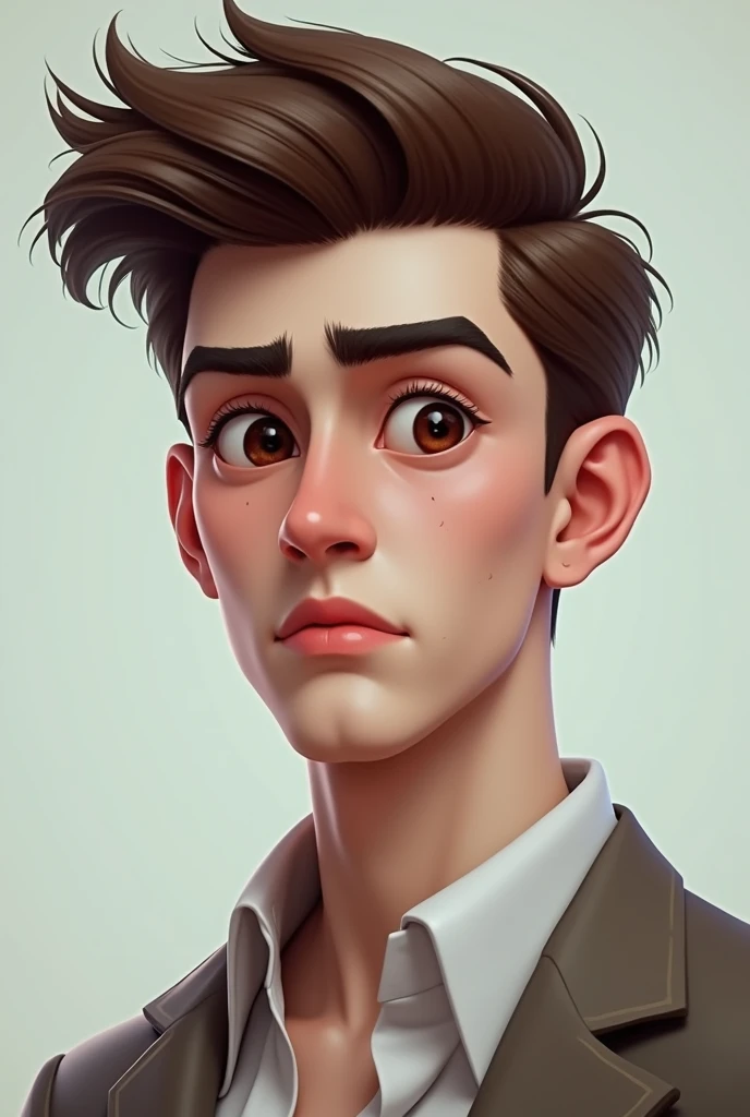 20 year old boy, Her hair is short brown and combed upwards., your eyes are brown, Her skin is white, square face, His expression is serious and cold, He is a bad person, Manipulator, narcissist, self-centered, Digital illustration of video game characters
