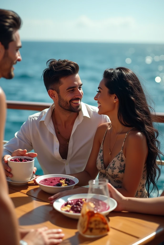 Realistic man and wife 25-35 years old, On the ship black hair eating acai , with friends Ultra HD, high qualiy, best qualityer, high resolution, 8k, 16K
