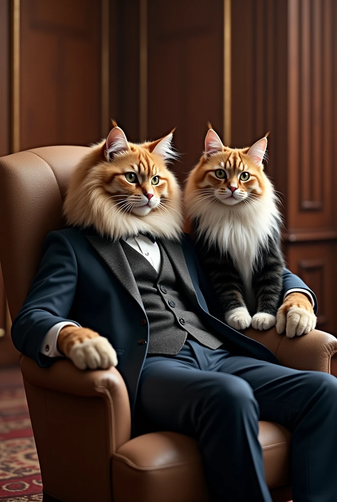 Very rich Siberian cat wearing elegant suit sitting on a luxurious chair in his office and next to him is a realistic A female Siberian cat wearing an evening dress real, high resolution detail, full picture as real life