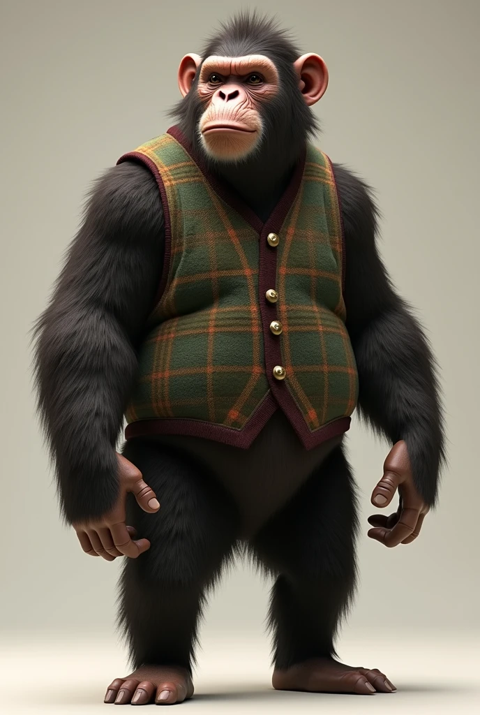 Ape with a closed wool plaid vest